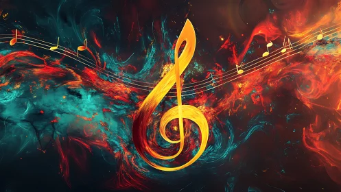 Fiery golden treble clef swirling in cosmic music storm.