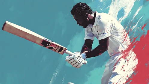 Dynamic cricket batsman mid-swing in vivid paint bursts.