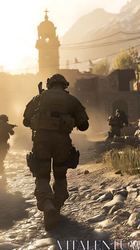 Soldier patrols sunlit cobblestone street in dusty village