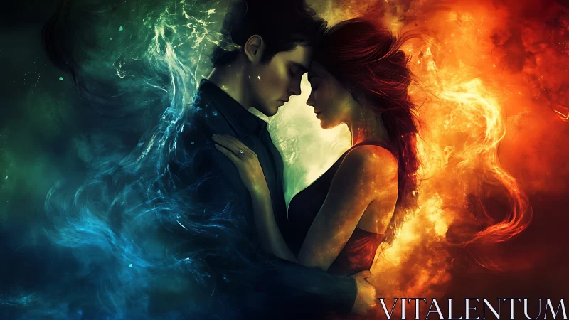 Digital portrait depicting two figures silhouetted against elemental particle effects