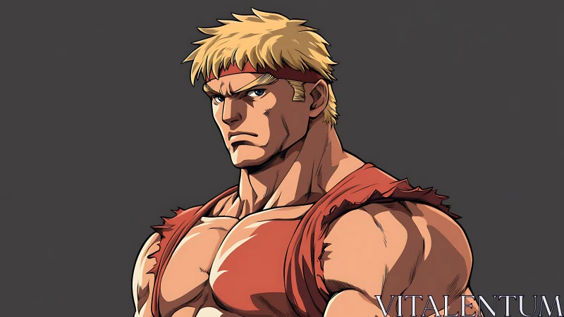 Stoic blonde warrior in tattered red training gear stands tall.