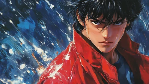 Storm-lit gaze of a red-jacket hero in electric motion.