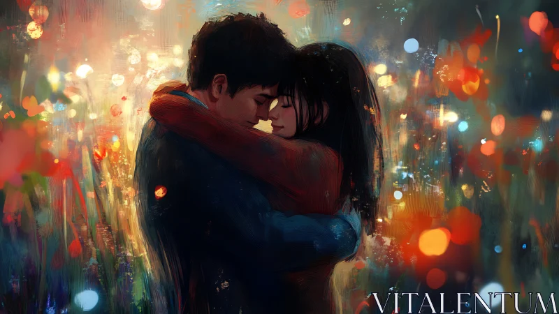 Intimate Urban Embrace: Couple Within Bokeh-Saturated Nightscape Environment.