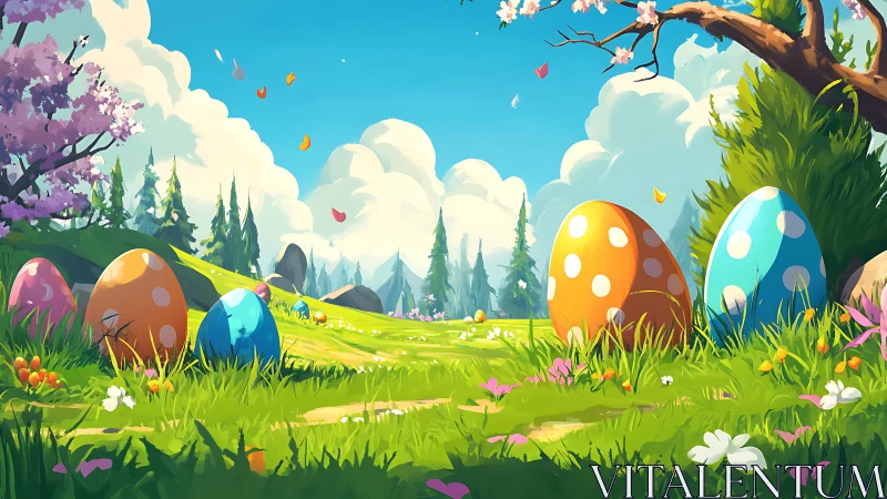 Polka-dotted Easter eggs in a vibrant spring meadow landscape.