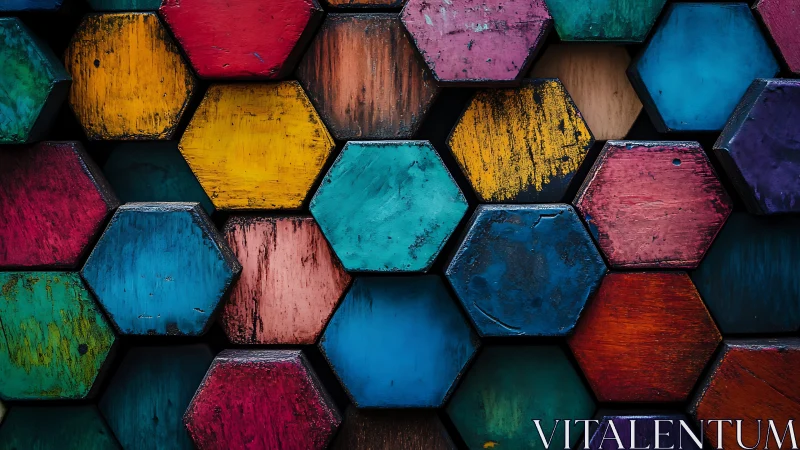 Chromatic wooden hexagonal tessellation with textured patina.