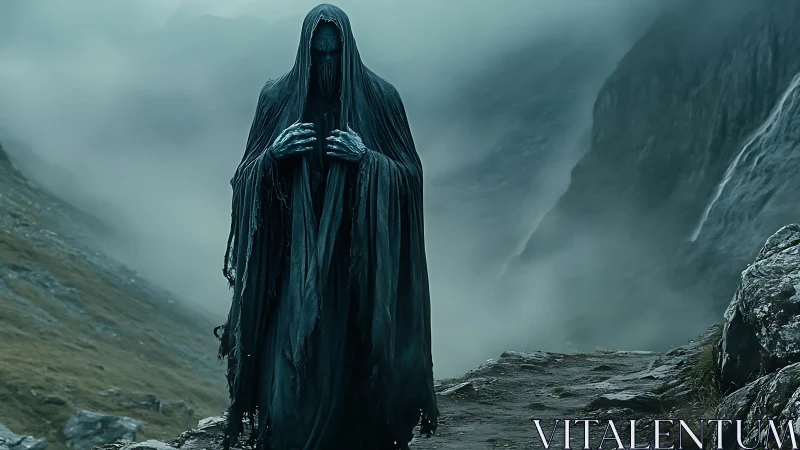 Hooded wraith figure on misty mountain cliff path.