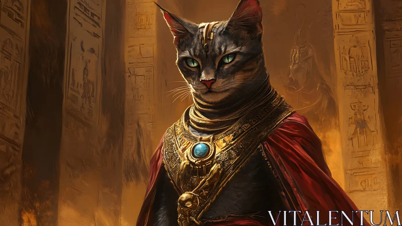 Regal Egyptian cat priest glows in golden temple light.