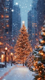 Snowy city street glows around a towering Christmas tree