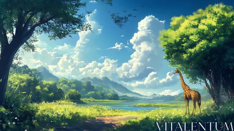 Sunlit savanna valley with solitary giraffe under cumulus sky