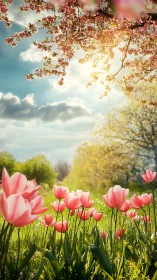 Pink Tulips Bloom Under Flowering Trees in Spring.