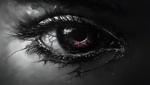 Cybernetic eye dissolves into dark organic tendrils.