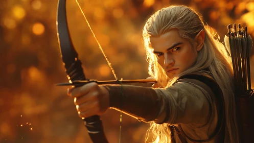 Elf archer holds drawn bow against defocused warm backdrop