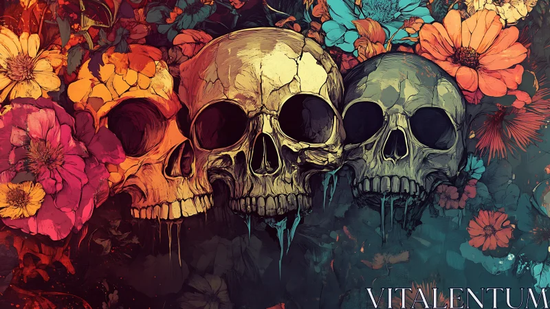 Bold skulls and wildflowers share a vivid, haunting harmony