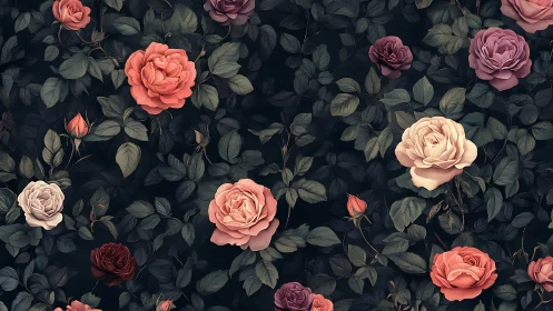 Botanical arrangement with roses in varied chromatic tones on dark foliage.