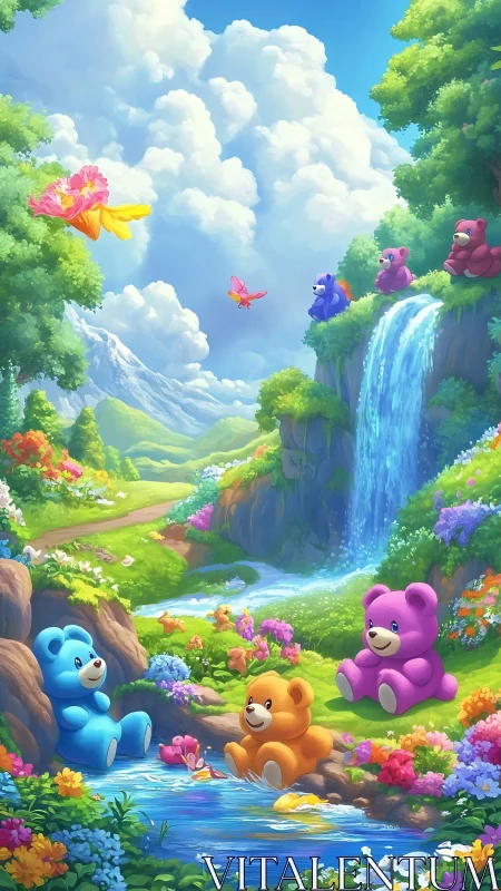 Idyllic Fantasy Landscape with Anthropomorphic Bears and Cascading Waterfall.