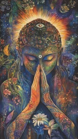 Radiant cosmic Buddha meditates in a swirling galaxy