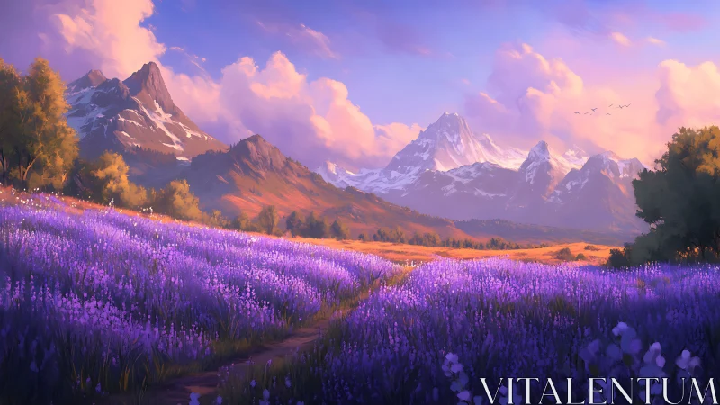 Lavender valley unfolds beneath glowing sunset mountains
