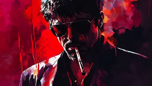 Stylized noir portrait with high contrast lighting and saturated reds