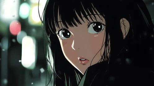 Soft night surprise with a wide eyed girl in city lights.