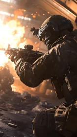 Soldier model aims rifle in lit urban combat simulation