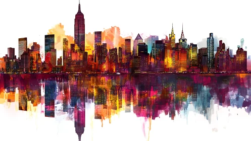Watercolor skyline panorama with mirrored urban reflection.