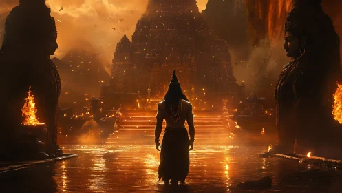 Solitary figure before illuminated temple and statues.