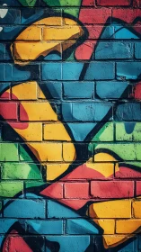 Vivid geometric graffiti on textured brick wall surface.