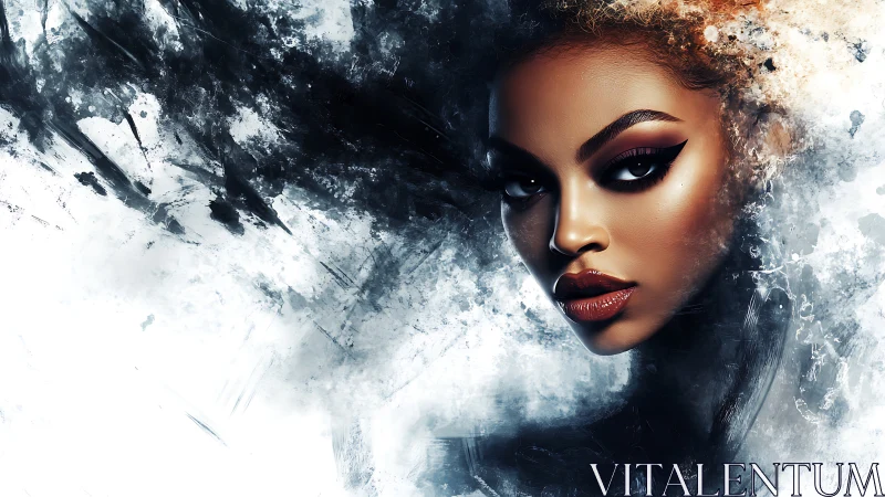 Smoky digital portrait of fierce woman emerging from void.