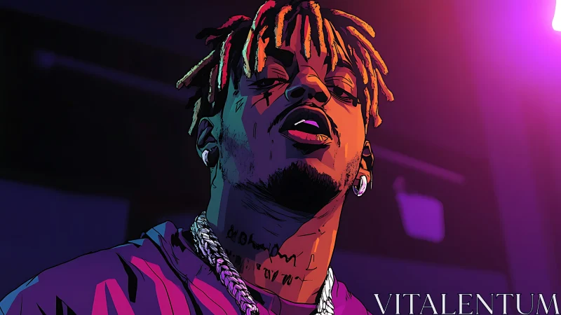 Neon-lit hip hop portrait in bold cel-shaded vector style.