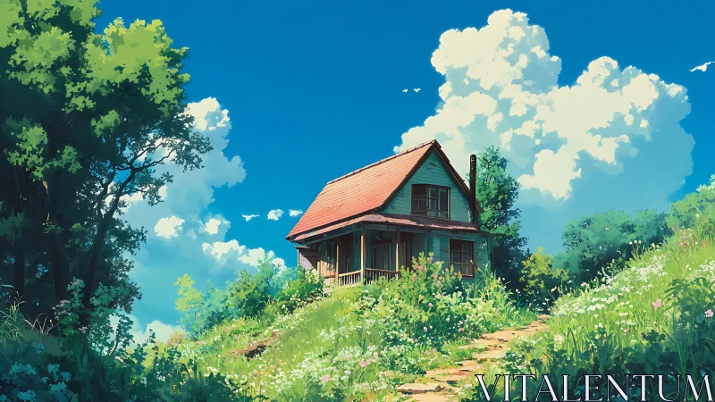 Hilltop cottage overlooks lush meadow under vivid summer sky