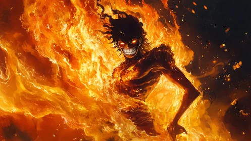 Flaming humanoid figure stands engulfed in intense fire