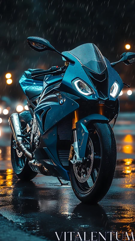 Photorealistic sport bike in cinematic night rain composition.