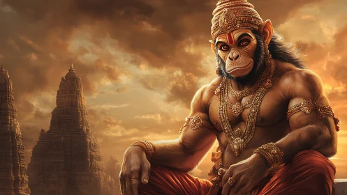 Mythic simian warrior rendered with cinematic warm backlighting and gold