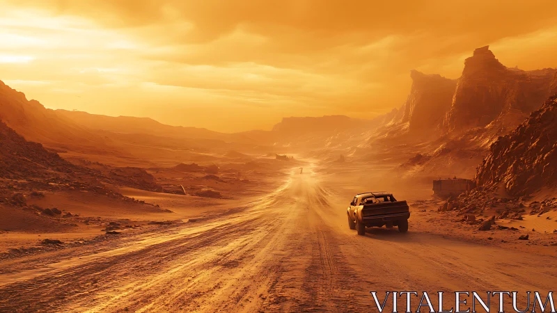 Sunlit desert road invites a lone car toward distant cliffs