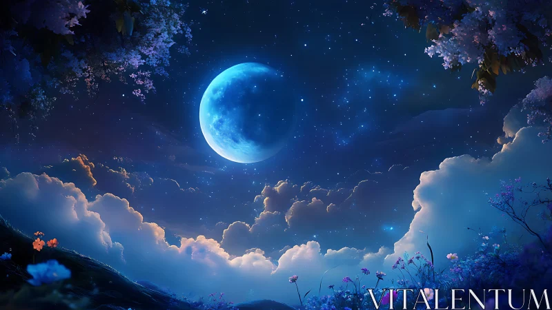 Dreamlit blue moon shining over a gentle cloud garden.