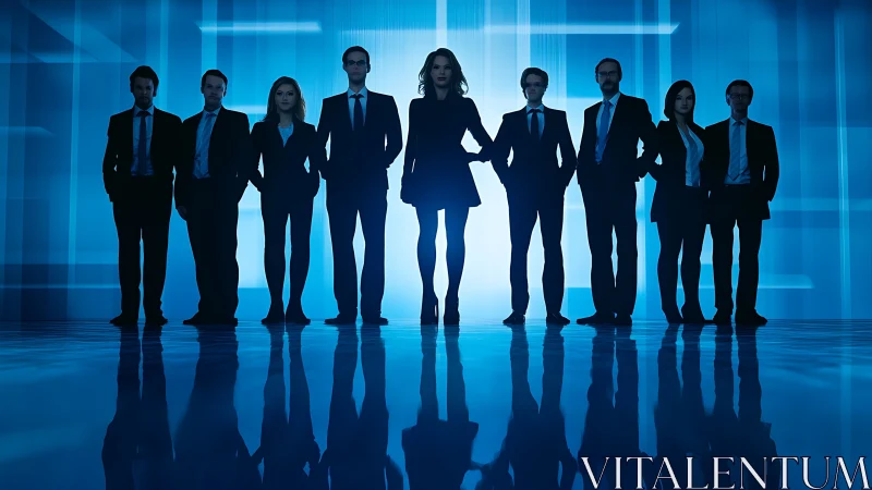 Corporate Leadership Silhouettes Against Luminous Digital Grid Background