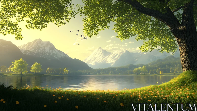 Sunlit alpine lake lies beneath snow peaks and green meadow