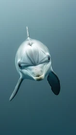 Dolphin swimming toward camera in calm blue water.