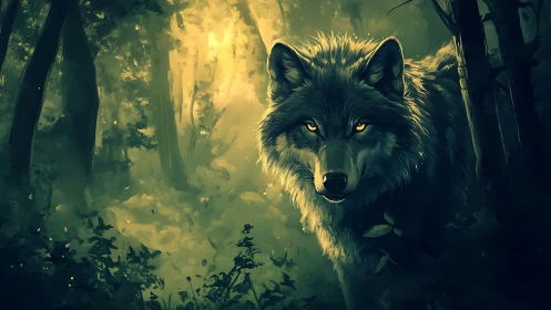 Luminous-eyed grey wolf in backlit emerald forest clearing