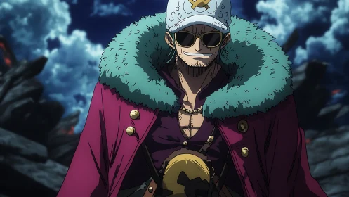 Fur-collared pirate captain under storm-laden volcanic skies.