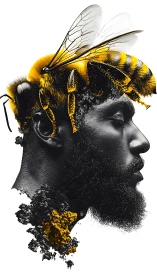 Surreal bee crowned portrait merging human and insect forms.