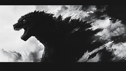 Monochrome kaiju silhouette dissolves into storm-driven clouds