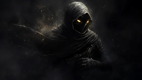 Hooded shadow figure with glowing eyes in dark void.
