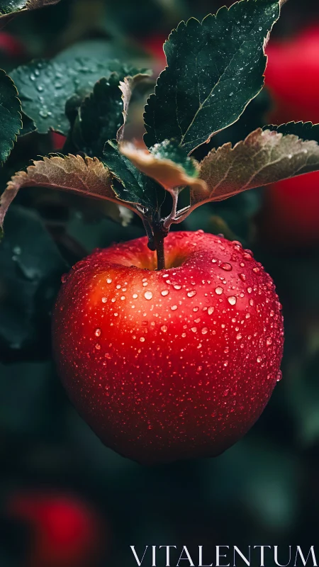 Dew-kissed red apple glows gently on a lush garden branch