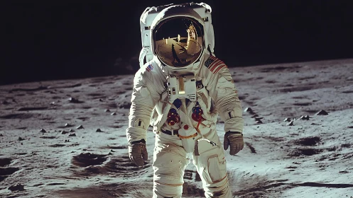 Astronaut walks across lunar surface in harsh side lighting