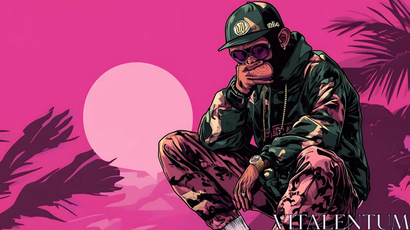 Streetwear-clad ape character under neon pink sun in vector art