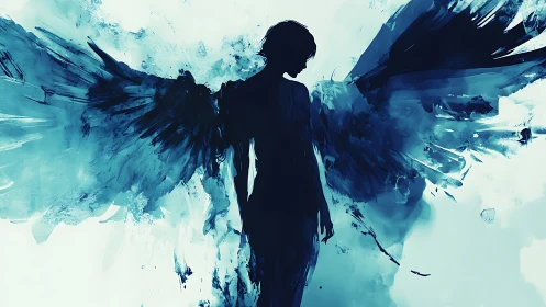 Shadowed angelic figure emerges from abstract blue wings.