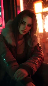 Neon lit woman in fur lined jacket on city street at night.