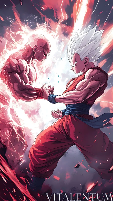 Electrified anime duel amid erupting crimson energy storm.