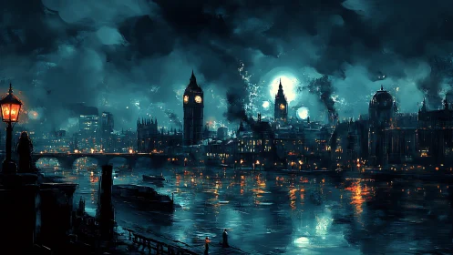 Nocturnal London riverside skyline under moody teal haze glows